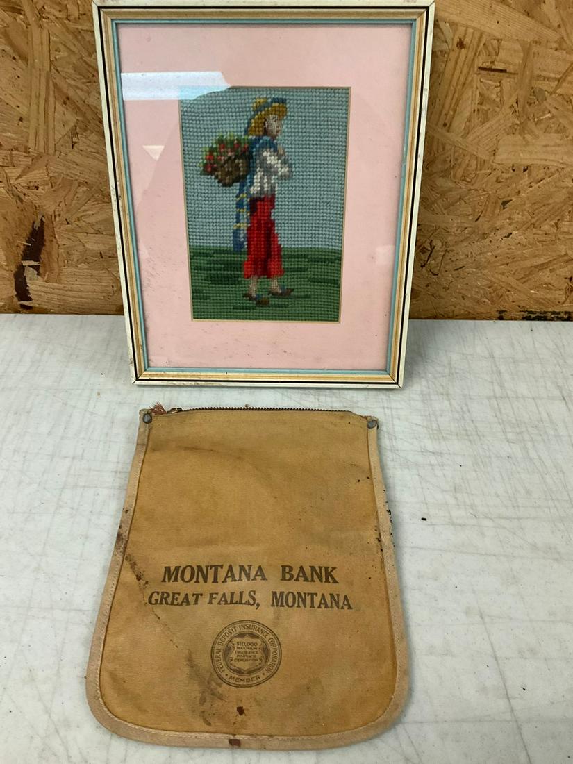 Vintage Sampler Picture 10.5x9 and Montana Bank Baag: Vintage Sampler Picture 10.5x9 and Montana Bank Baag