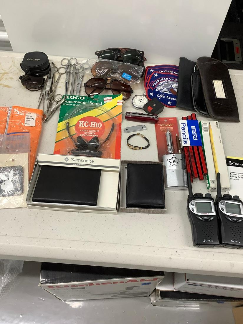 Lot of sunglasses, Light weight stereo headphones, barber scissors, leather wallet and more: Lot of sunglasses, Light weight stereo headphones, barber scissors, leather wallet and more
