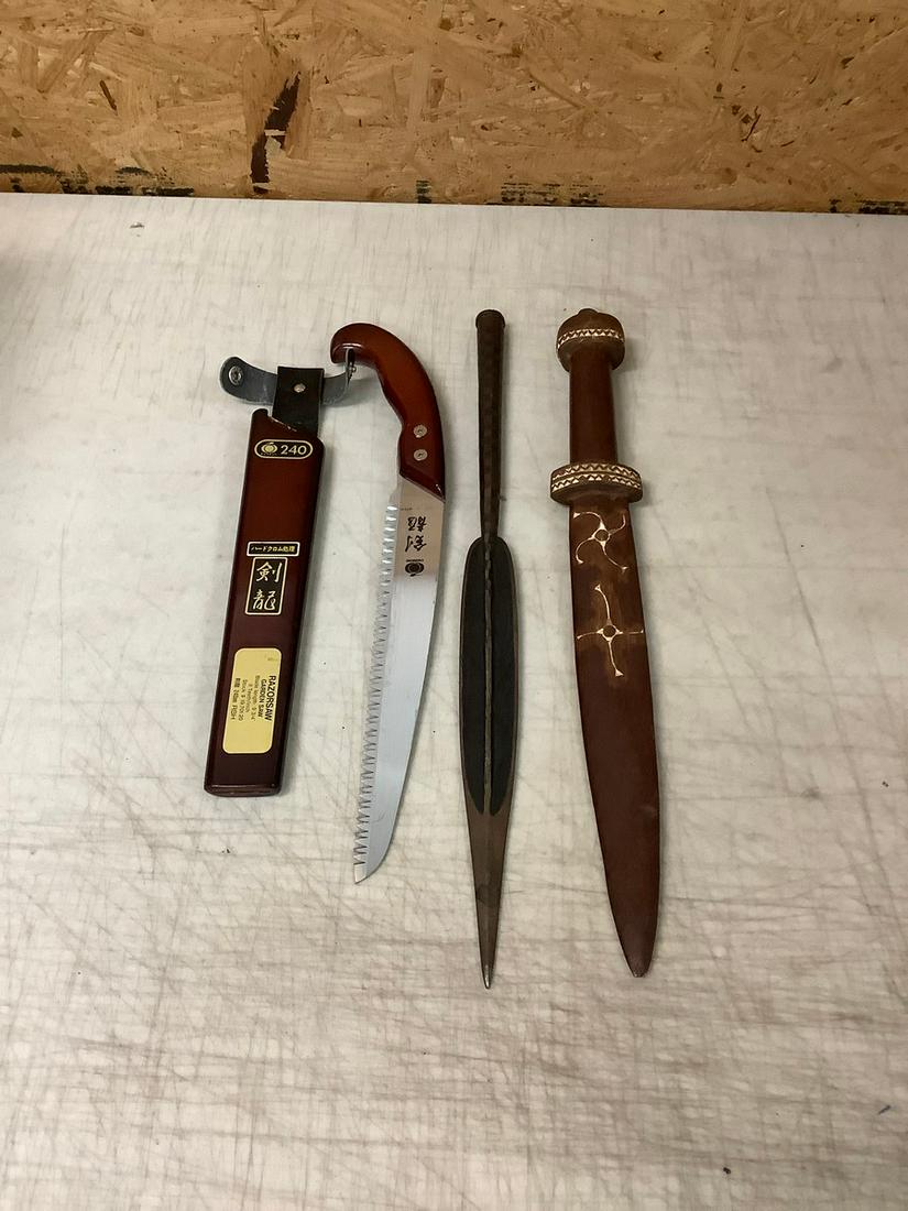 Spearhead, wooden decorative knife, and Japanese garden saw 18" longest (1 of 1)