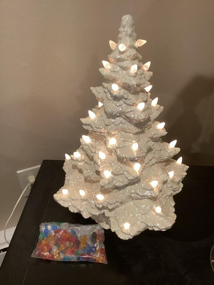 Ceramic Christmas Tree 17.5" Irridescent with white & Color "bulbs": Ceramic Christmas Tree 17.5" Irridescent with white & Color "bulbs"