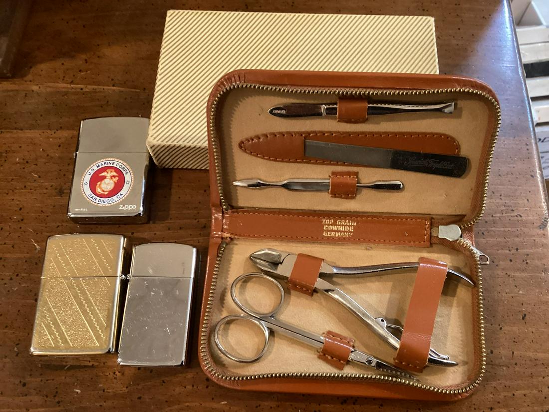 German Cowhide Travel Case with Three Zippo Lighters (1 of 1)