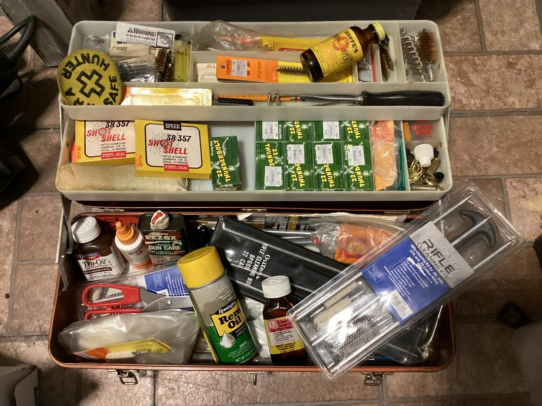 Ammunition, Gun Cleaning and more in Vintage Sears Roebuck and Co Tool Box: Ammunition, Gun Cleaning and more in Vintage Sears Roebuck and Co Tool Box