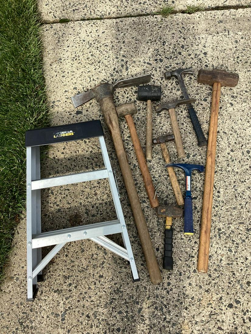 Large lot of Hammers, Axe & Step Ladder: Large lot of Hammers, Axe & Step Ladder