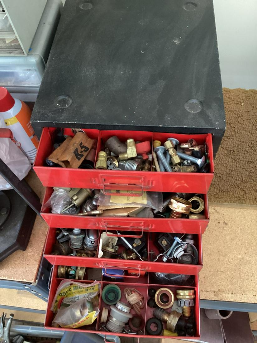 Vintage Metal Four Drawer Tool Chest full of Brass parts and more 11.5"x10"x10" (1 of 1)