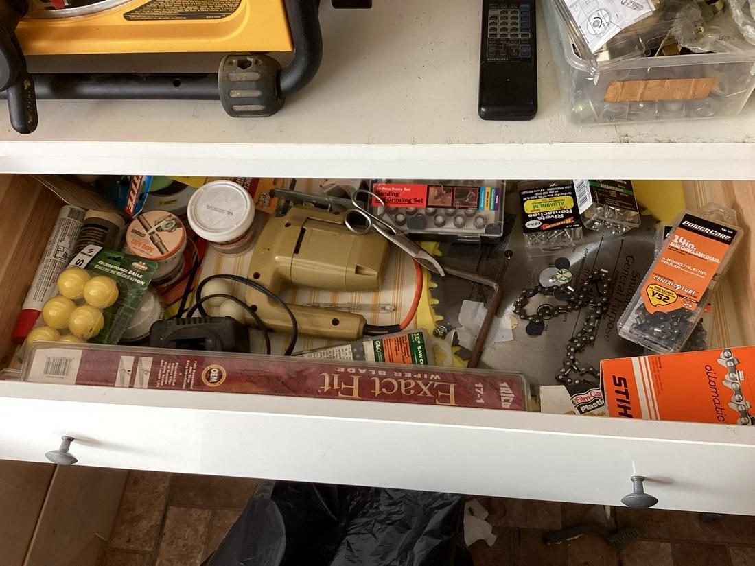 Contents of Drawer - Chainsaw Chains, Saw Blade, Wiper Blades, Tools & More (1 of 1)
