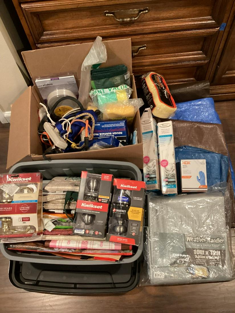 Large lot of Household items Tarps, reusable bags, New Sponges- Door Handle Sets not checked for (1 of 1)