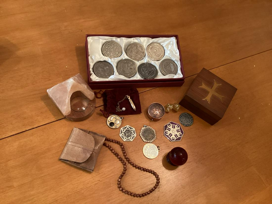 Lot of Spiritual Medallions, Wood Box and more: Lot of Spiritual Medallions, Wood Box and more