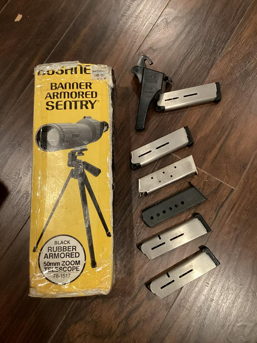 Gun Clips & Bushnell Banner Armored Sentry Telescope in the box: Gun Clips & Bushnell Banner Armored Sentry Telescope in the box