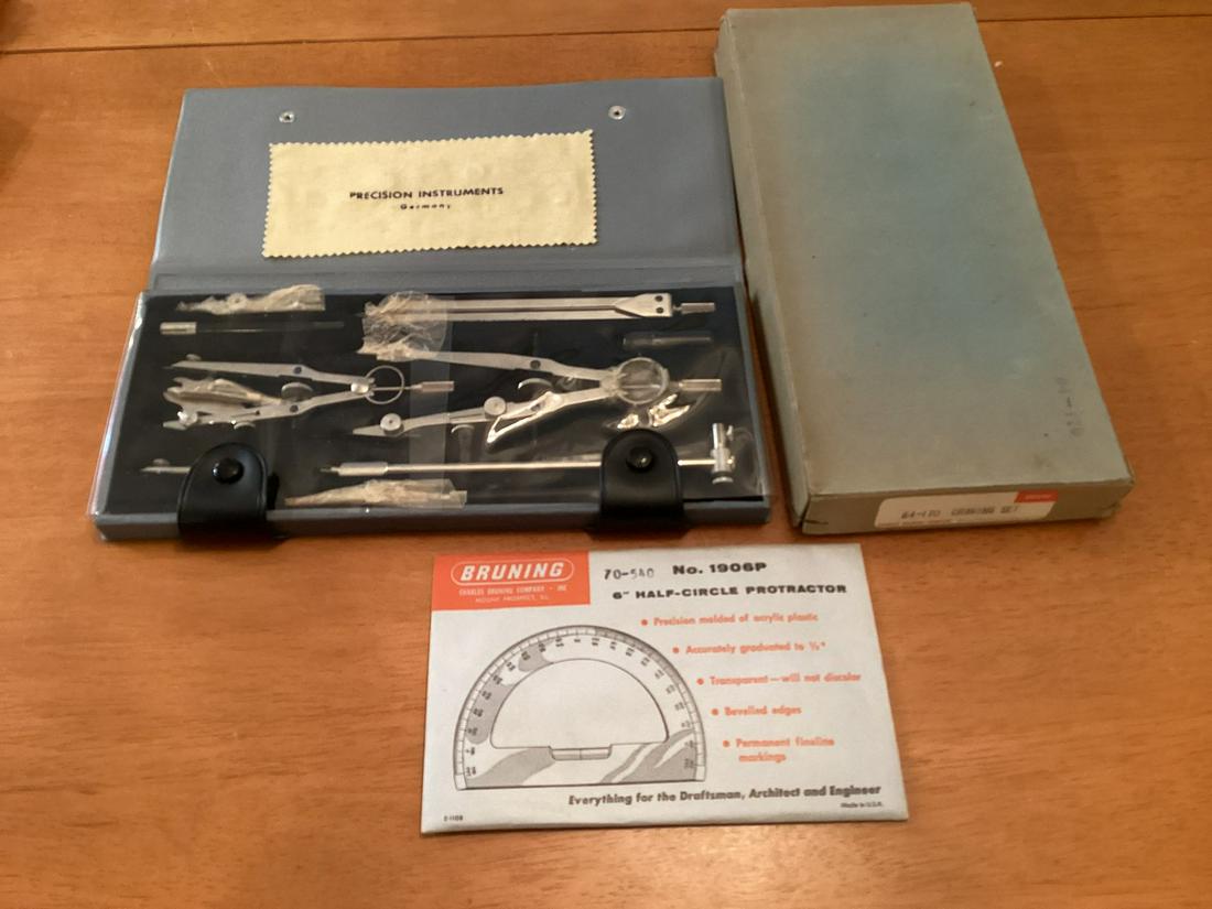 Bruning Drawing Set 64-170 in the box (Appears unused) and Protractor (1 of 1)