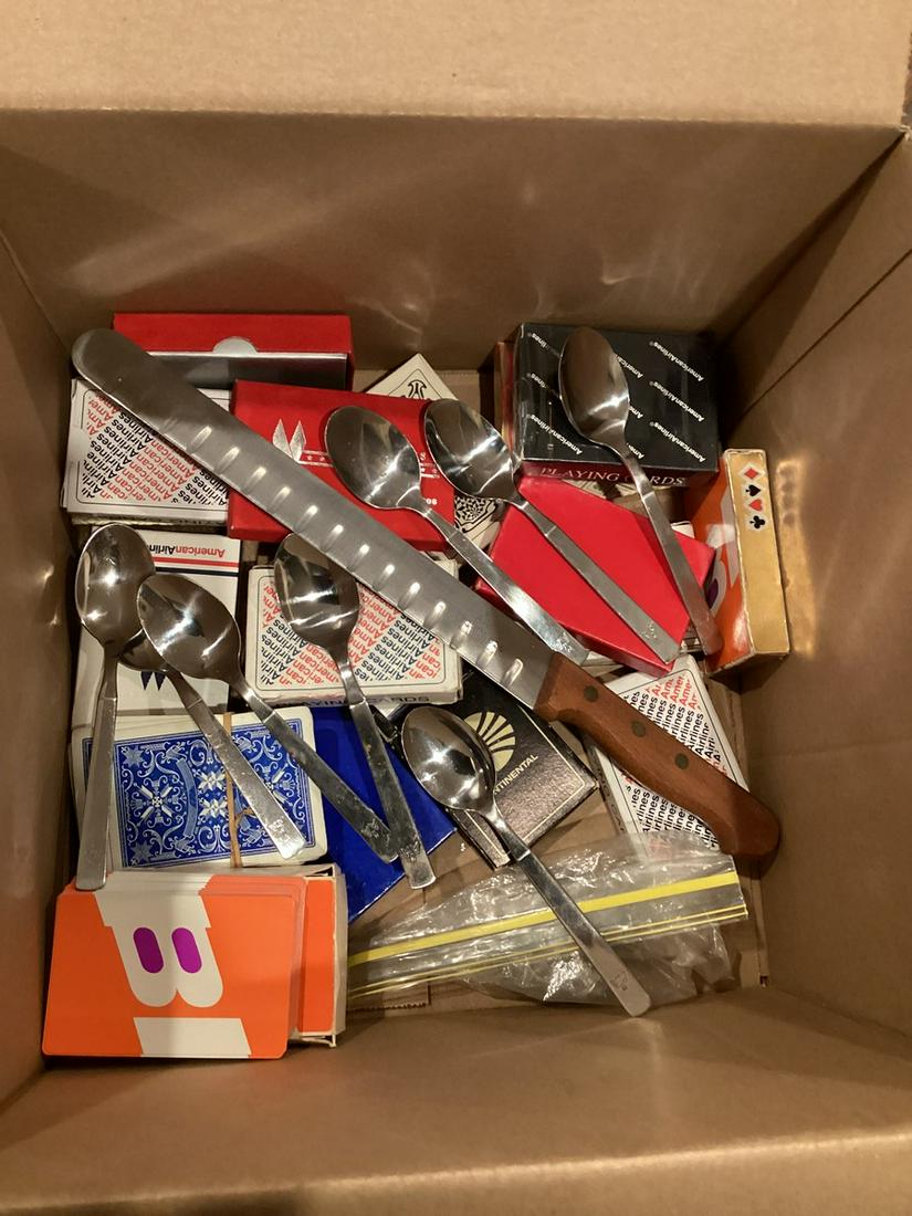 Box of Airline Playing Cards & American Airlines Spoons & Knife: Box of Airline Playing Cards & American Airlines Spoons & Knife