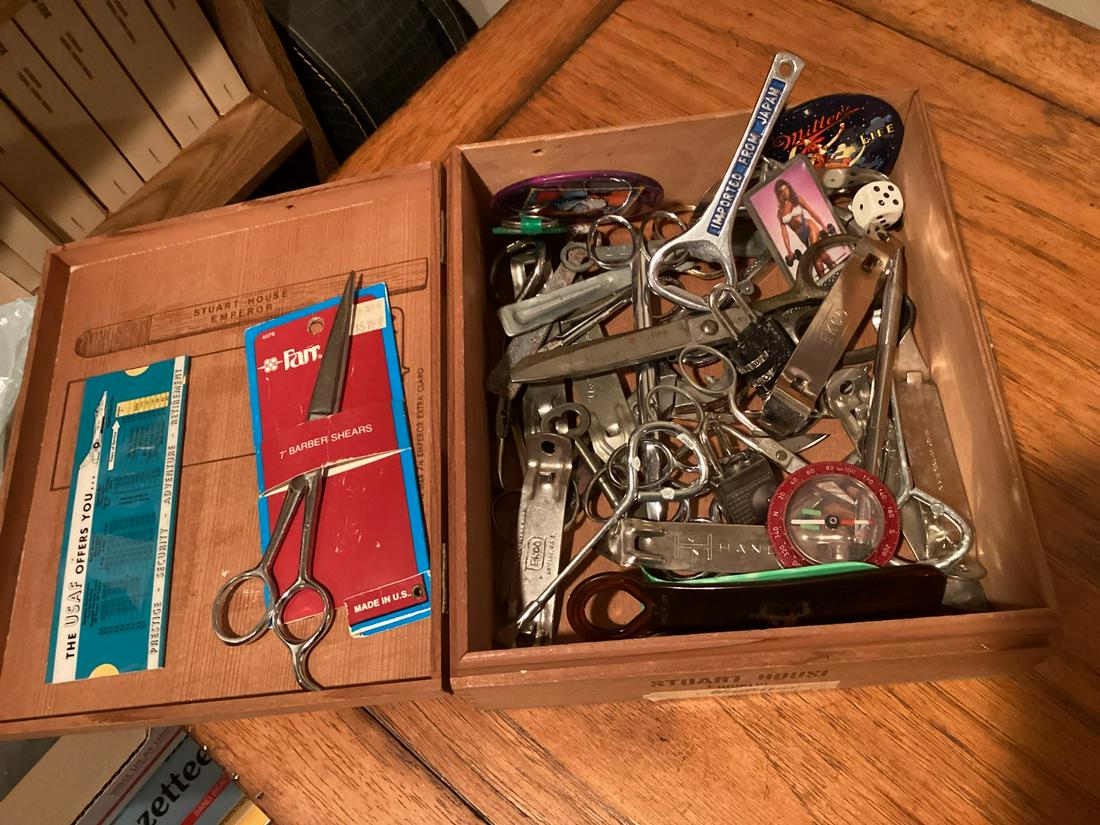 Cigar box full of Bottle Openers, scissors & More: Cigar box full of Bottle Openers, scissors & More