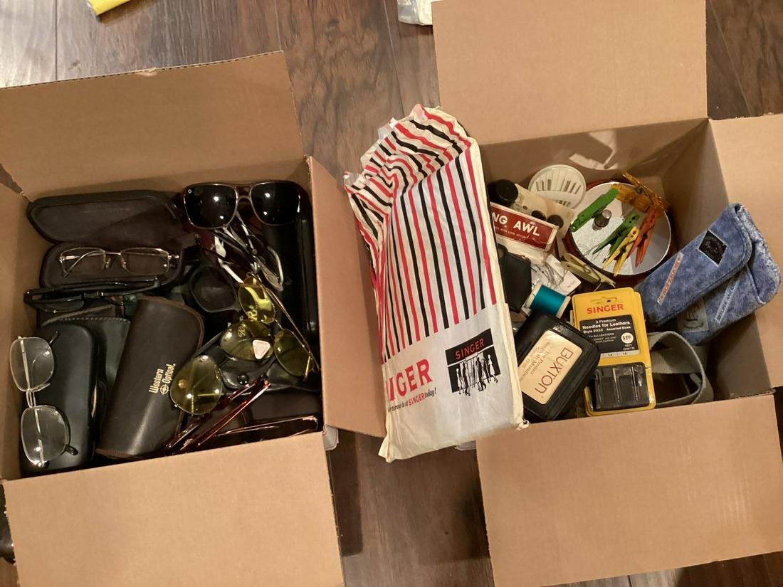 Two Boxes of Sewing, Glasses, Cases and more: Two Boxes of Sewing, Glasses, Cases and more