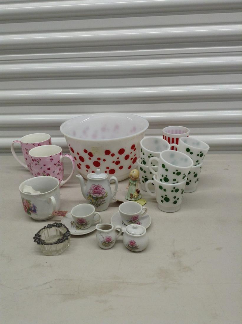 Lot of cups, bowls, and miniature (child) coffee/tea set and more (1 of 1)