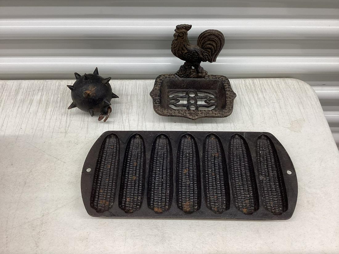 Cast Iron Mace Head, 1960s Cast Iron Corn Mold, and Rooster Tray (1 of 1)