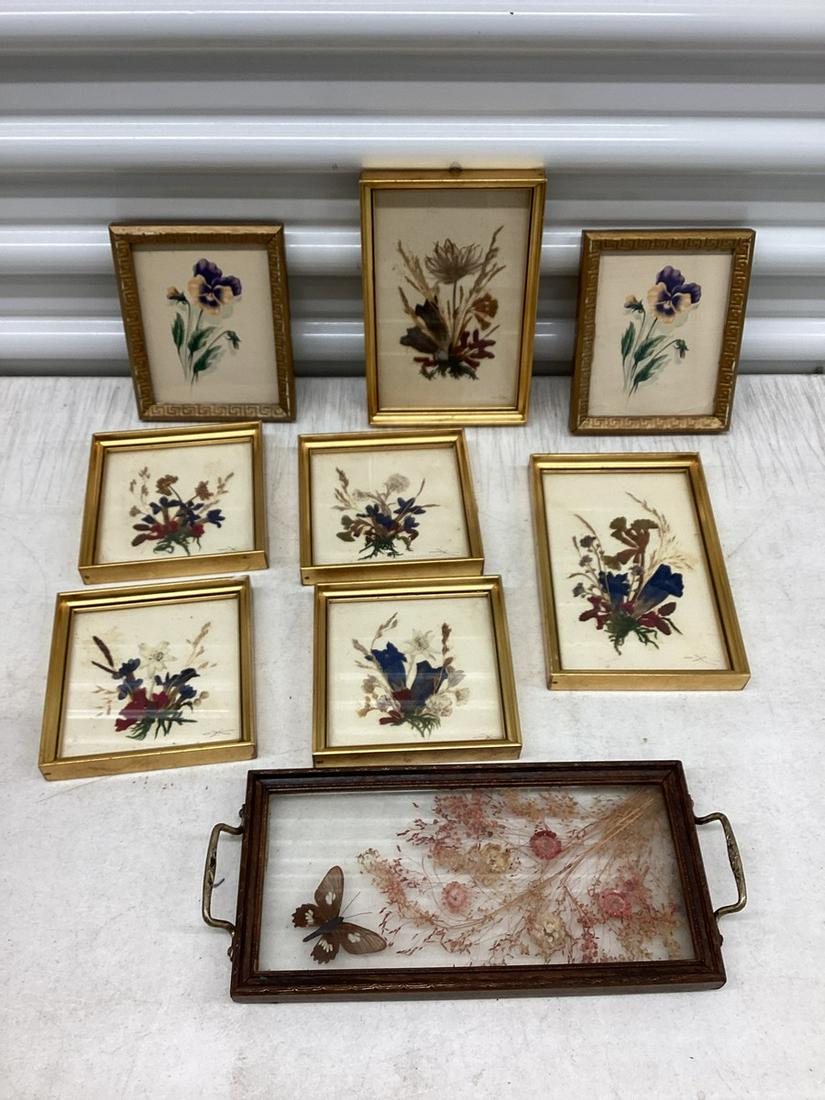 Hand Made in Austria Pressed Flower Art, Early Pressed Butterfly & Flower Tray & Pair of Floral (1 of 1)