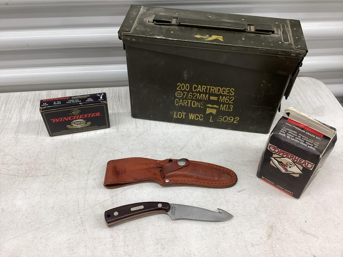 12 Gauge Ammunition, ammo Box, Schrade old Timer Made in USA Gut Hook Knife & BBs: 12 Gauge Ammunition, ammo Box, Schrade old Timer Made in USA Gut Hook Knife & BBs