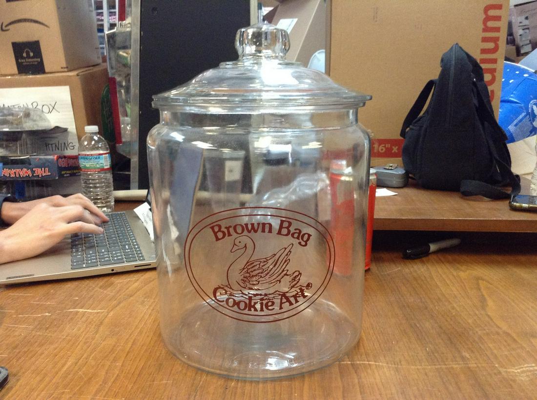 Vintage Large 13" Brown Bag cookie art counter advertising glass jar and lid (1 of 1)