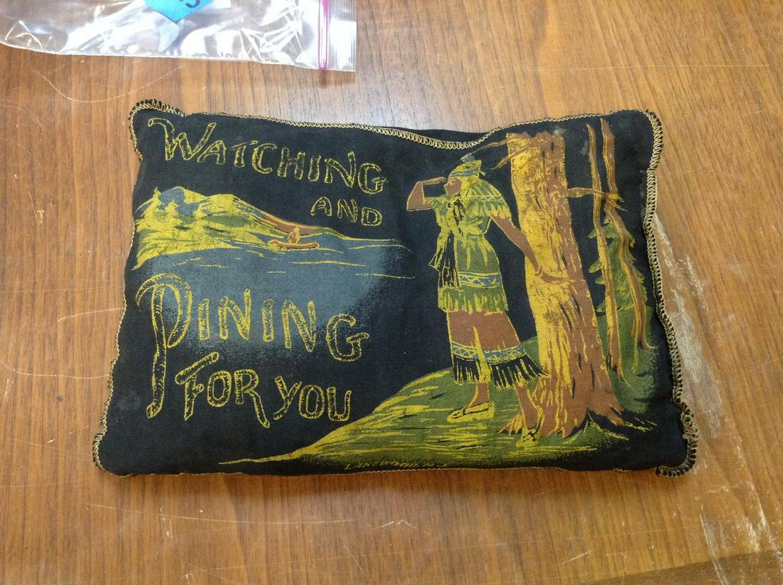 Antique Hand Painted native american souvenier pillow, Lakewood NJ, "Watching and Pining for you": Antique Hand Painted native american souvenier pillow, Lakewood NJ, "Watching and Pining for you"