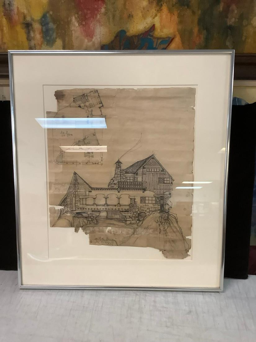 Aldo Andreani "Palace on a Mountain River" Ink on Paper: 18.25 x 16.5