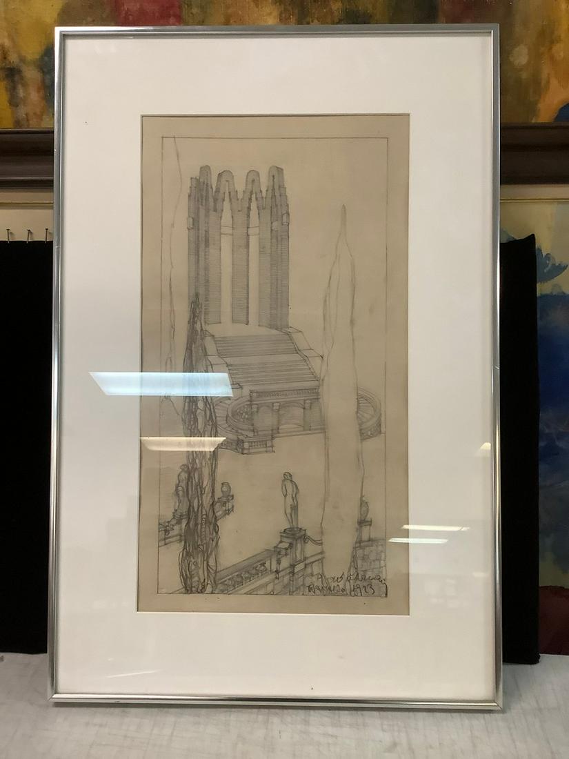 Aldo Andreani "Palace in Rapallo" Pencil on Paper: 10.75 x 24.5