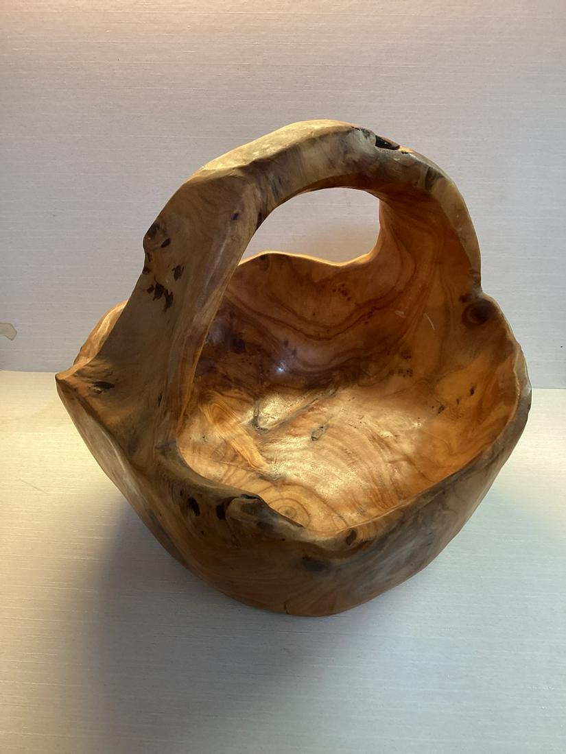 Hand Carved Vintage Solid Wood Basket 11" (1 of 1)