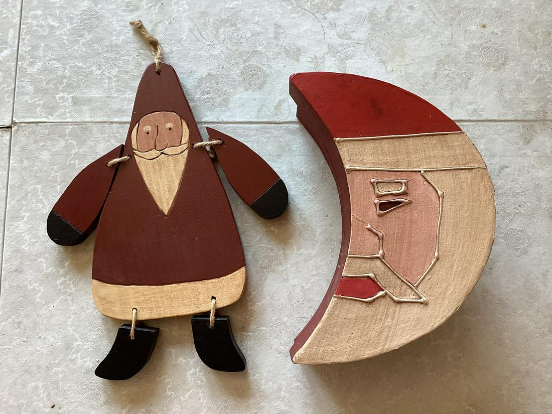 Folk Art Crescent Santa Box & Wooden Santa 12": Folk Art Crescent Santa Box & Wooden Santa 12"