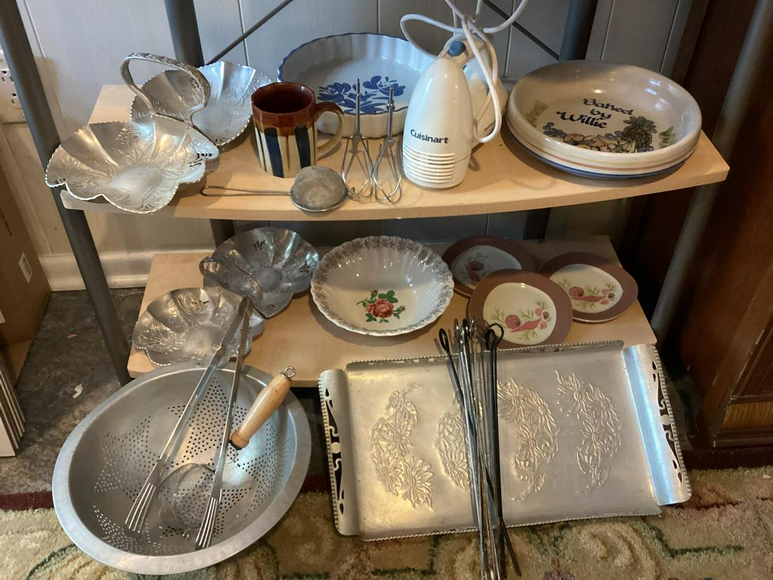 Two Shelves of Vintage Kitchen - Pie Pans,Hand Mixer, Aluminum Trays and more (1 of 1)