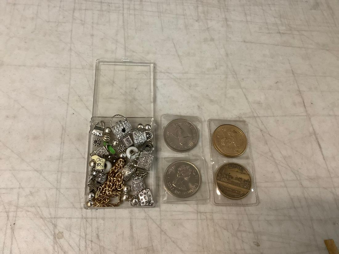 Lot of Costume Jewelry Charms and Commemoriative Coins: Lot of Costume Jewelry Charms and Commemoriative Coins