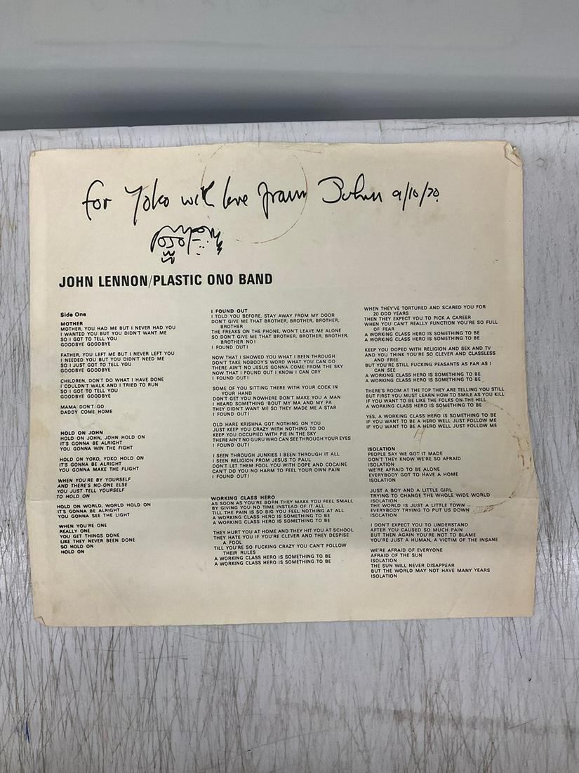 John Lennon Plastic Ono Band vinyl lyric sheet: John Lennon Plastic Ono Band vinyl lyric sheet