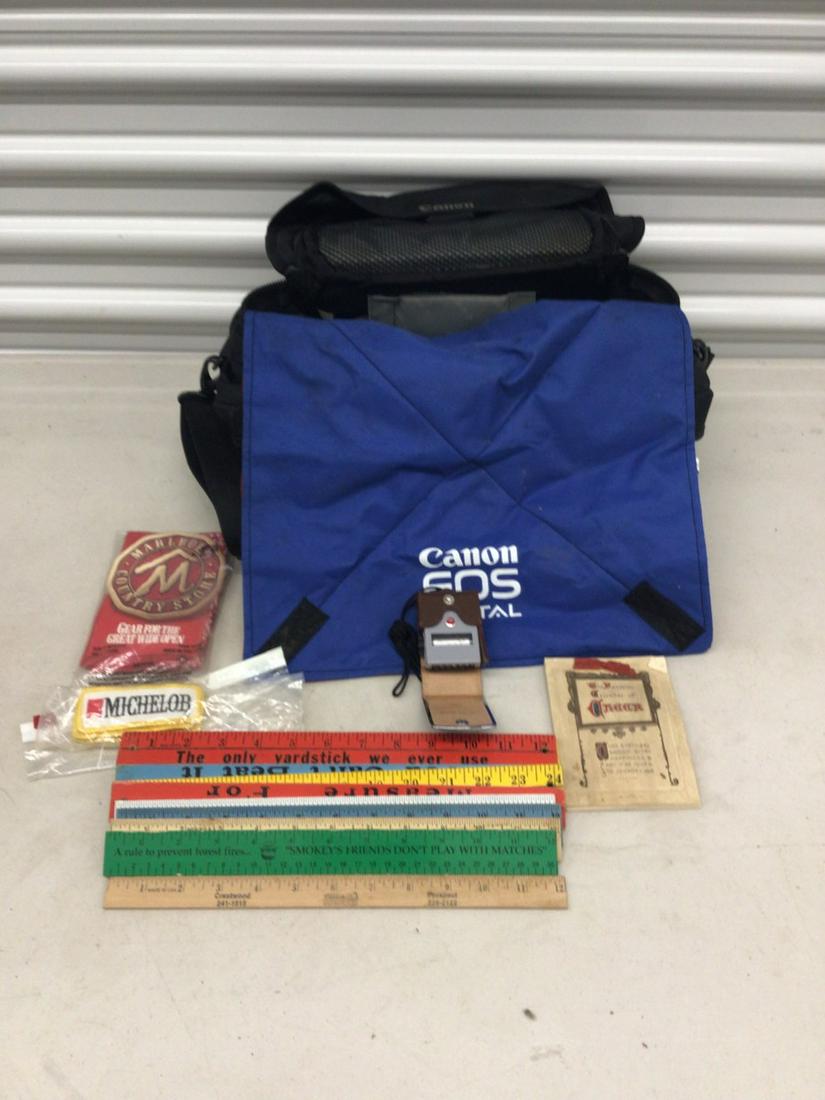 Canon Camera bag and hood, Michelob patches, and light for polaroid, vintage calendar (1916) and (1 of 1)