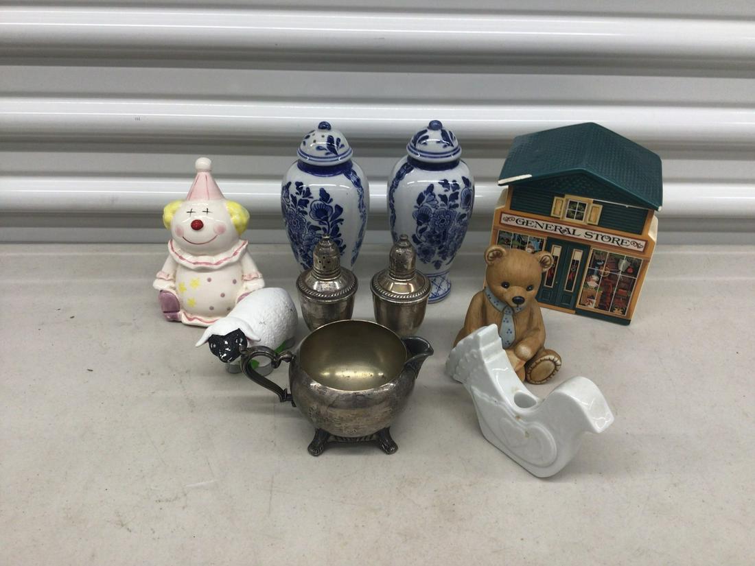Lot Ceramic figurines, salt and pepper shakers, steel bowl (1 of 1)