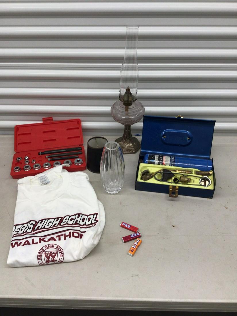 Crystal vase, coil lamp, Benzomatic torch, Pez candy, and more: 20" tall