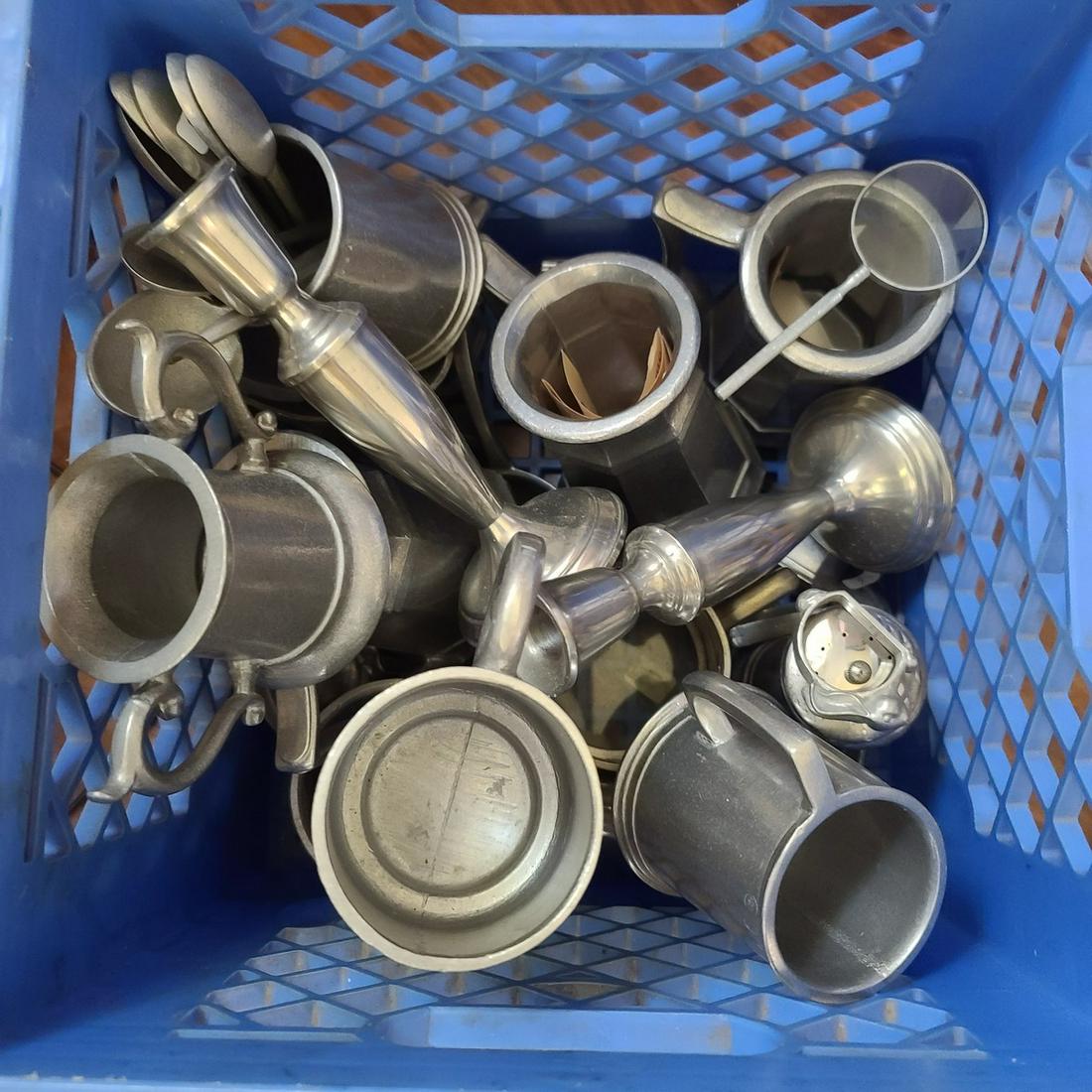 Crate of Vintage and Modern Pewter: Crate of Vintage and Modern Pewter