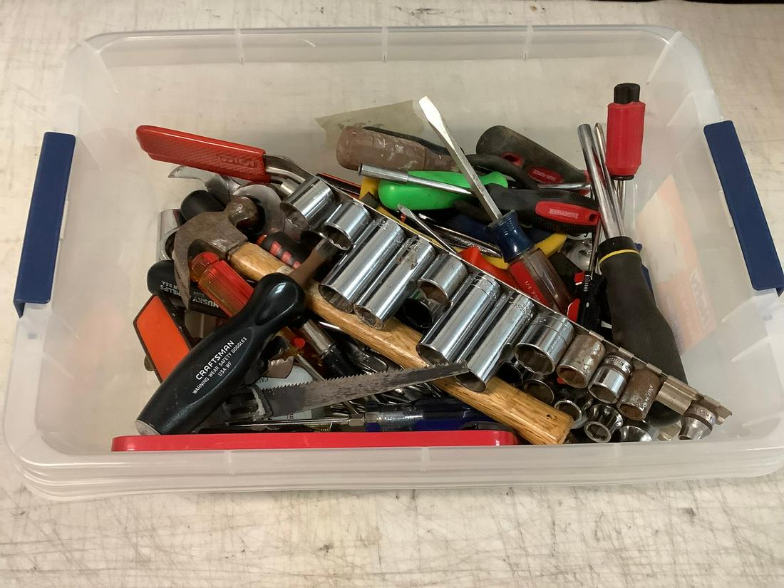 Lot of assorted tools including scredrivers, socket wrenches, mini saw, and more (1 of 1)