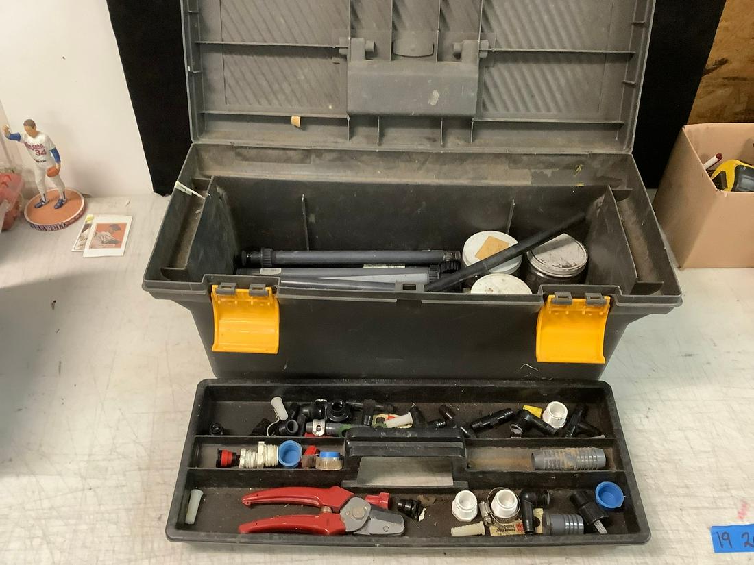 Rubbermaid toolbox with assorted pipe connectors, wrench, and more. 23x10x10 (1 of 1)