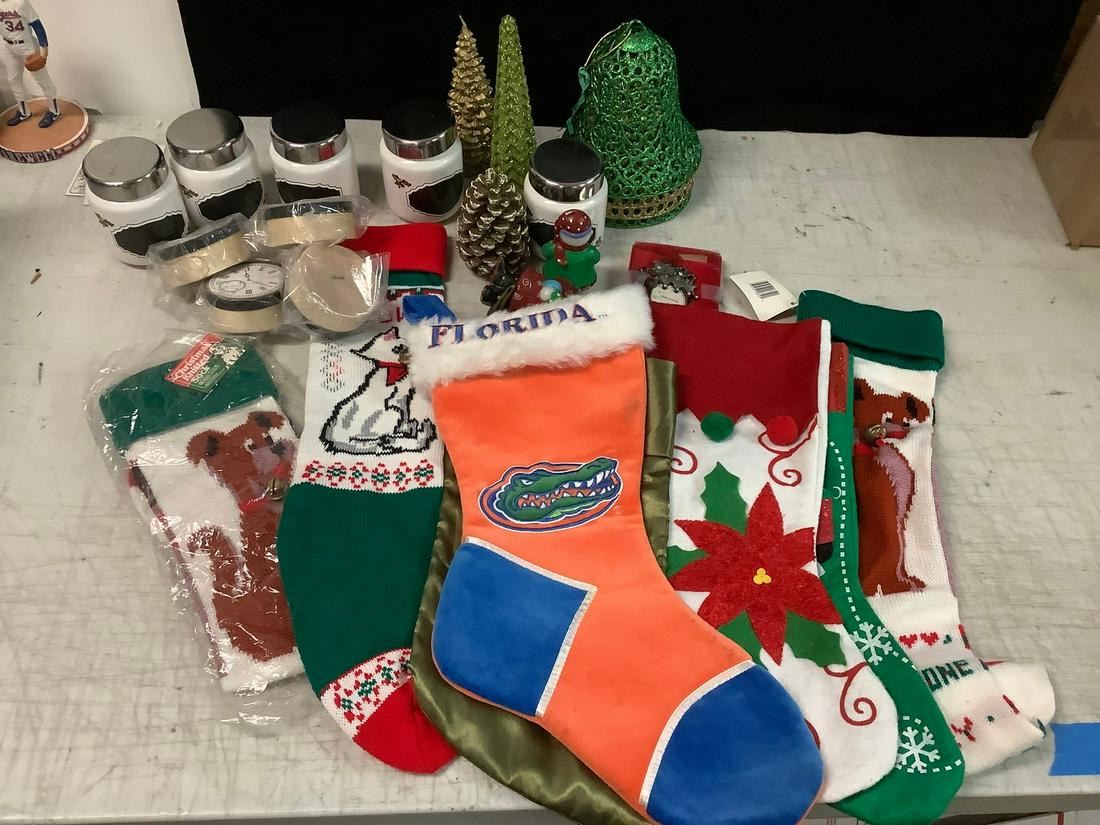 Lot of assorted Christmas decorations including jars, stockiongs, decorative boxes, ornaments,: Lot of assorted Christmas decorations including jars, stockiongs, decorative boxes, ornaments, candle trees, and more