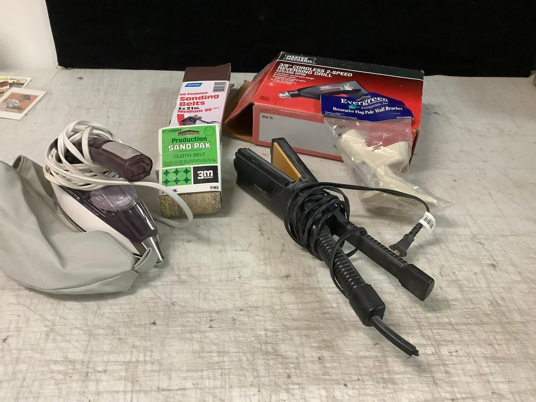 3/8" Cordless 2-speed reversing drill, hair straightener, sanding belt, iron, and more (1 of 1)