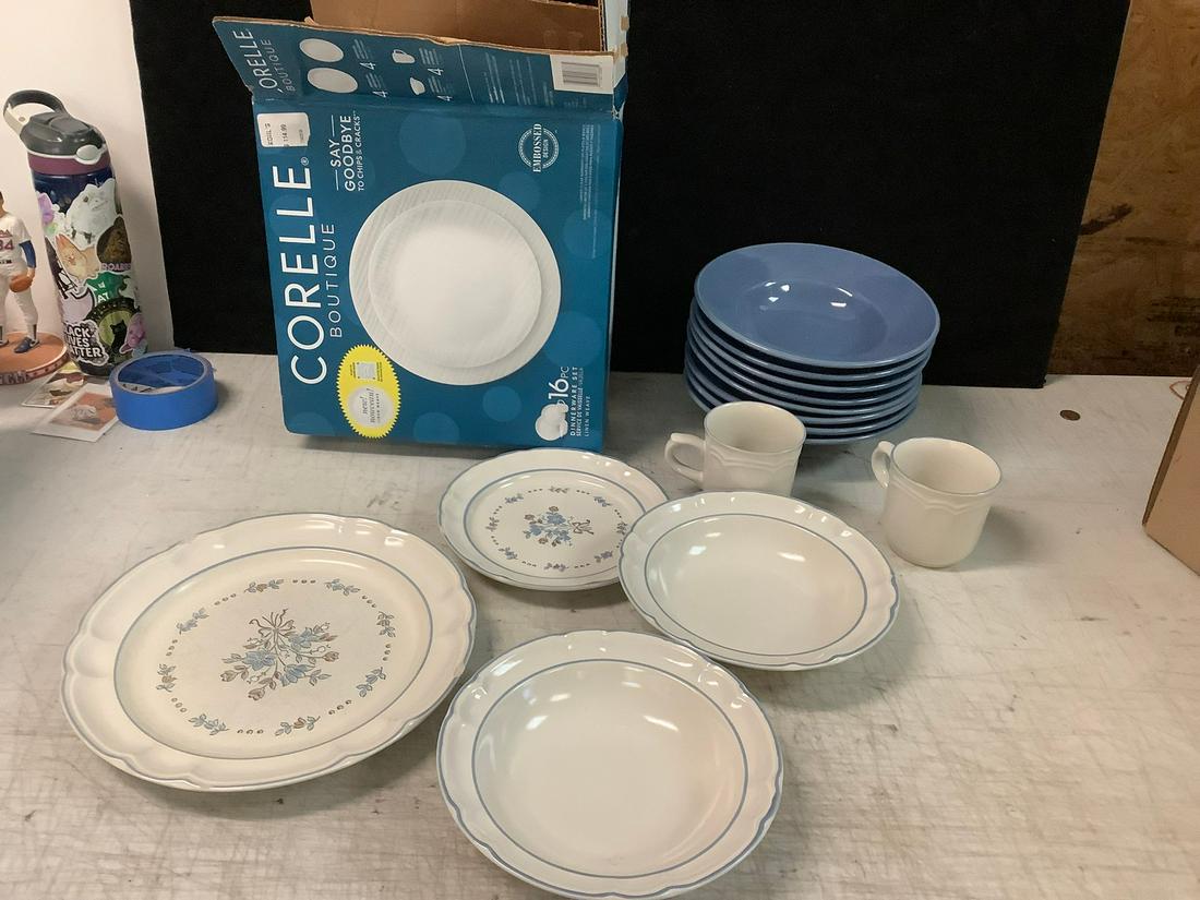 Corelle Boutique Collection blue and white plates, bowls, and two mugs: Corelle Boutique Collection blue and white plates, bowls, and two mugs