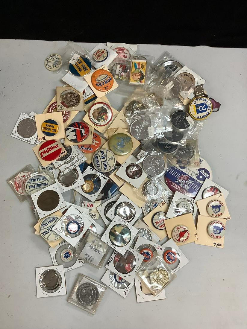 Large lot of sports button pins, coins, and keychains: Large lot of sports button pins, coins, and keychains