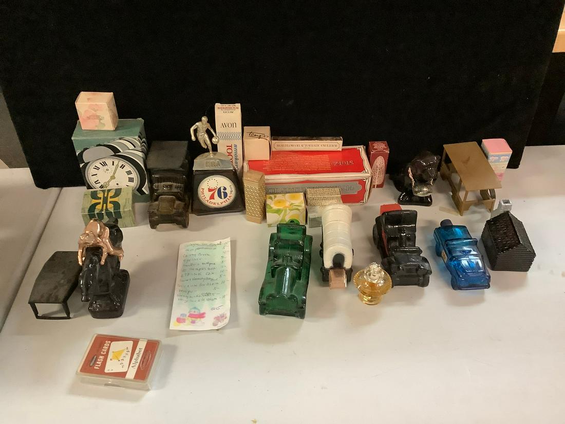 Lot of Avon products including cute frog on mushroom and cars: Lot of Avon products including cute frog on mushroom and cars