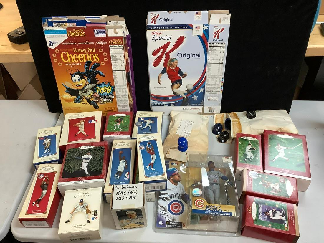 Large lot of sports collectables including Hallmark ornaments, novelty MLB caps, and cereal box (1 of 1)