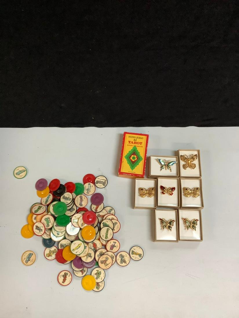Jello collectible car tokens, butterfly brooches, and 1977 Alpine Country playing cards (1 of 1)