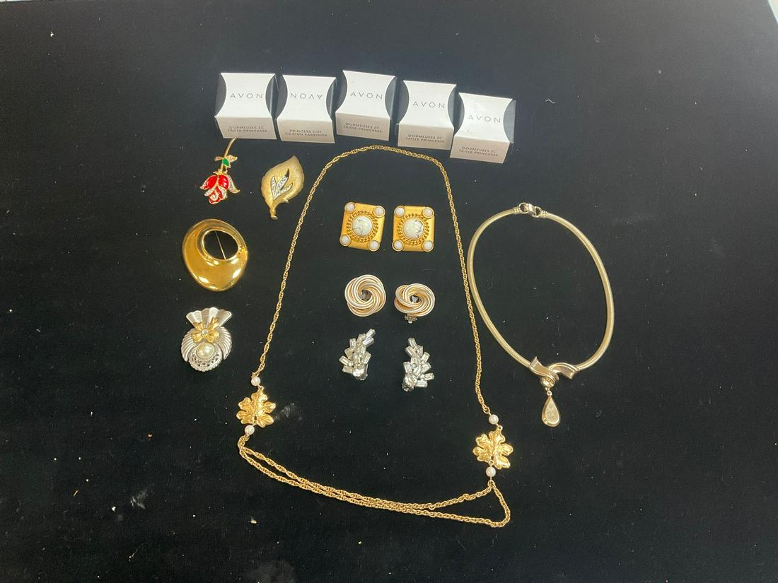 Lot of five Avon CZ studs, two necklaces, four brooches, and three pairs of clip on earrings (1 of 1)