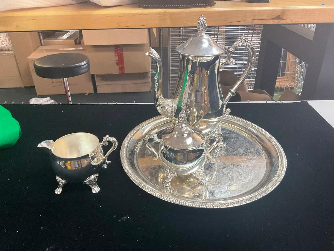 Serving tray, EF brass tea pot made in Hong Kong, brass sugar and milk containers (1 of 1)