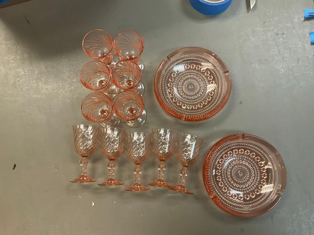 Lot of rose colored glass ash trays (2) and ten stemmed shot glasses arcoroc (1 of 1)