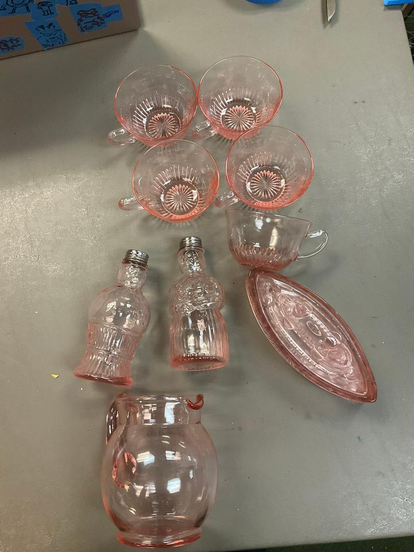 Lot of arcoroc glass, made in France: tea cups, butter dish, pitcher, and salt and pepper shakers: Lot of arcoroc glass, made in France: tea cups, butter dish, pitcher, and salt and pepper shakers