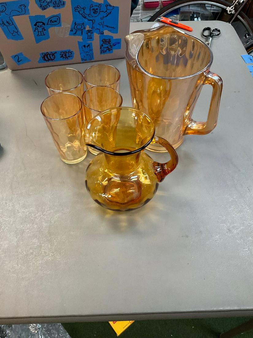 Set of yellow glass pitchers and four glasses (1 of 1)