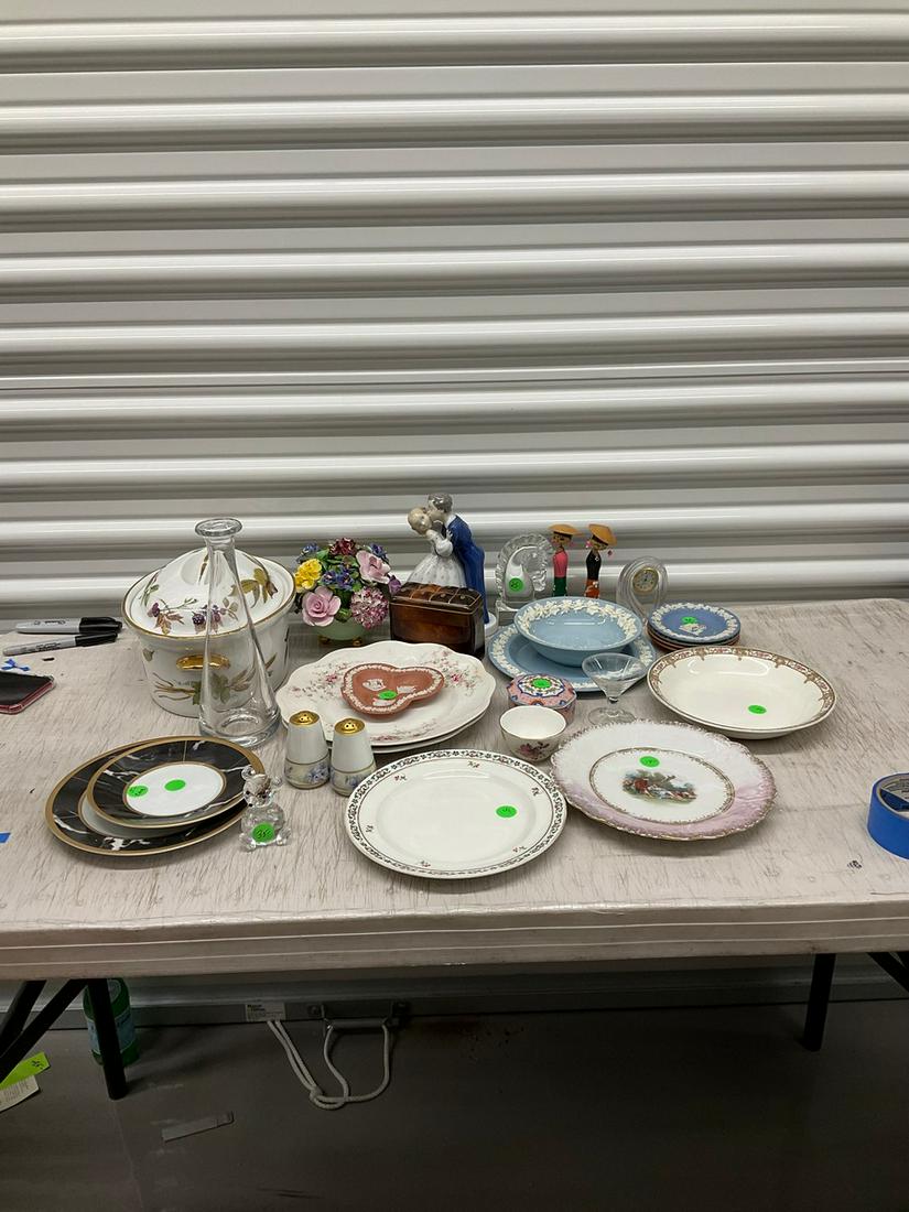 B & G figurine, assorted plateware, glass clock, serving dish with lid, salt and pepper shakers, and: B & G figurine, assorted plateware, glass clock, serving dish with lid, salt and pepper shakers, and more