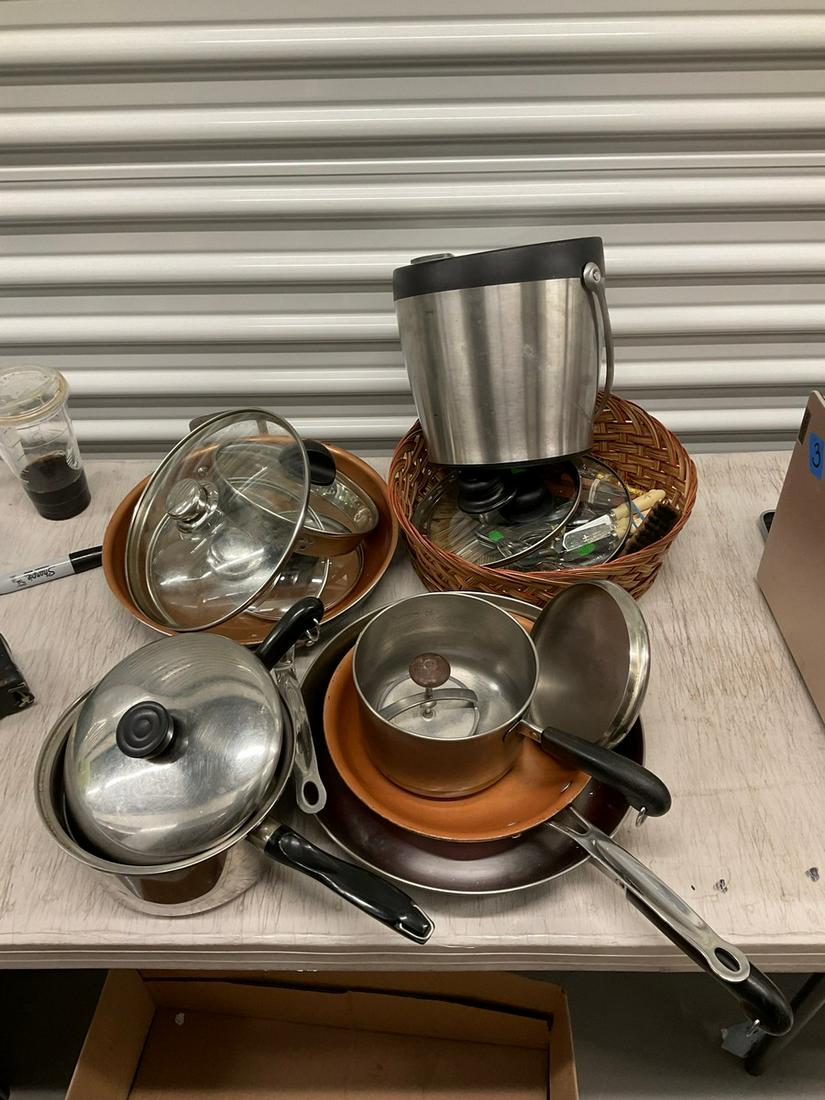 Lot of pots and pans with lids, ice bucket, wicker basket, and more (1 of 1)