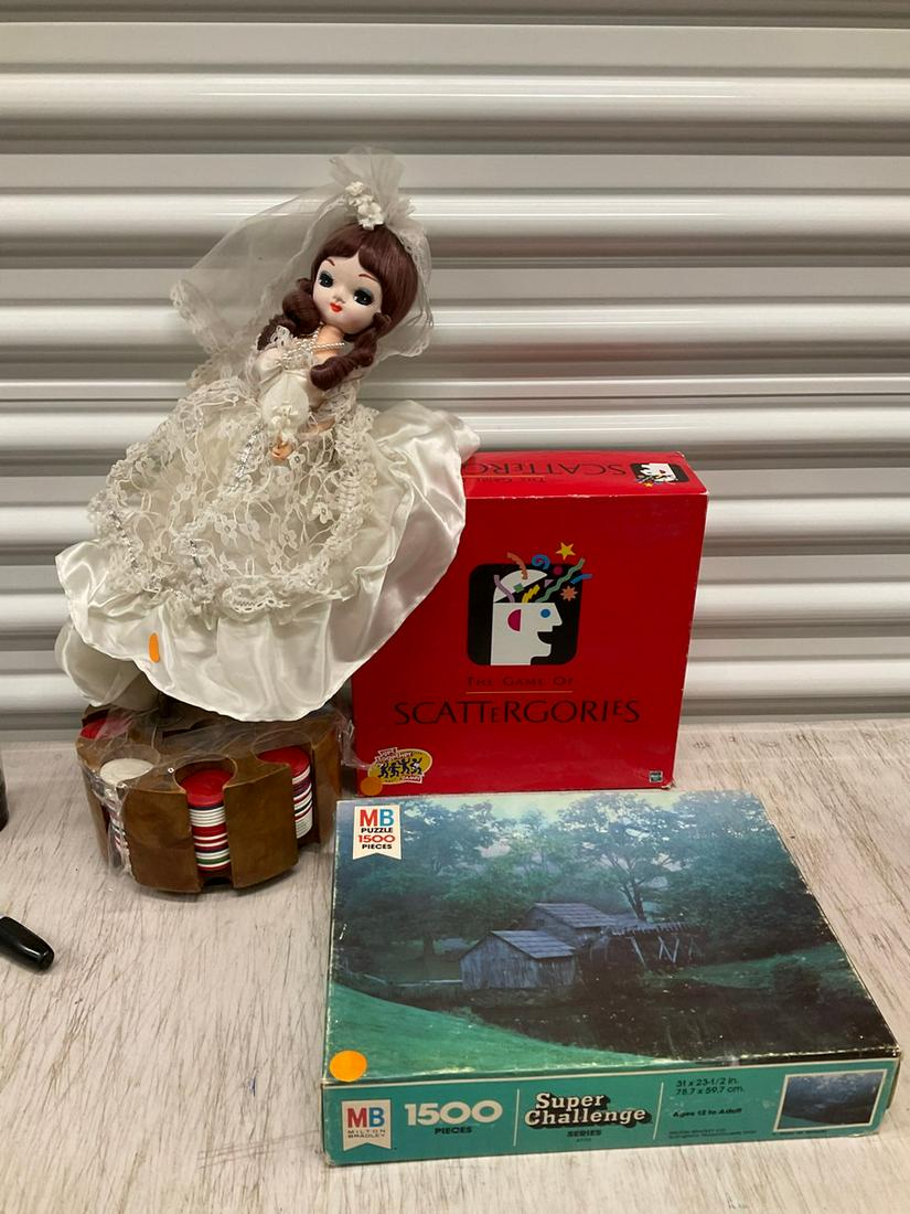 Wooden poker chip set, puzzle, Scattergories, Bridal doll, and more: Wooden poker chip set, puzzle, Scattergories, Bridal doll, and more